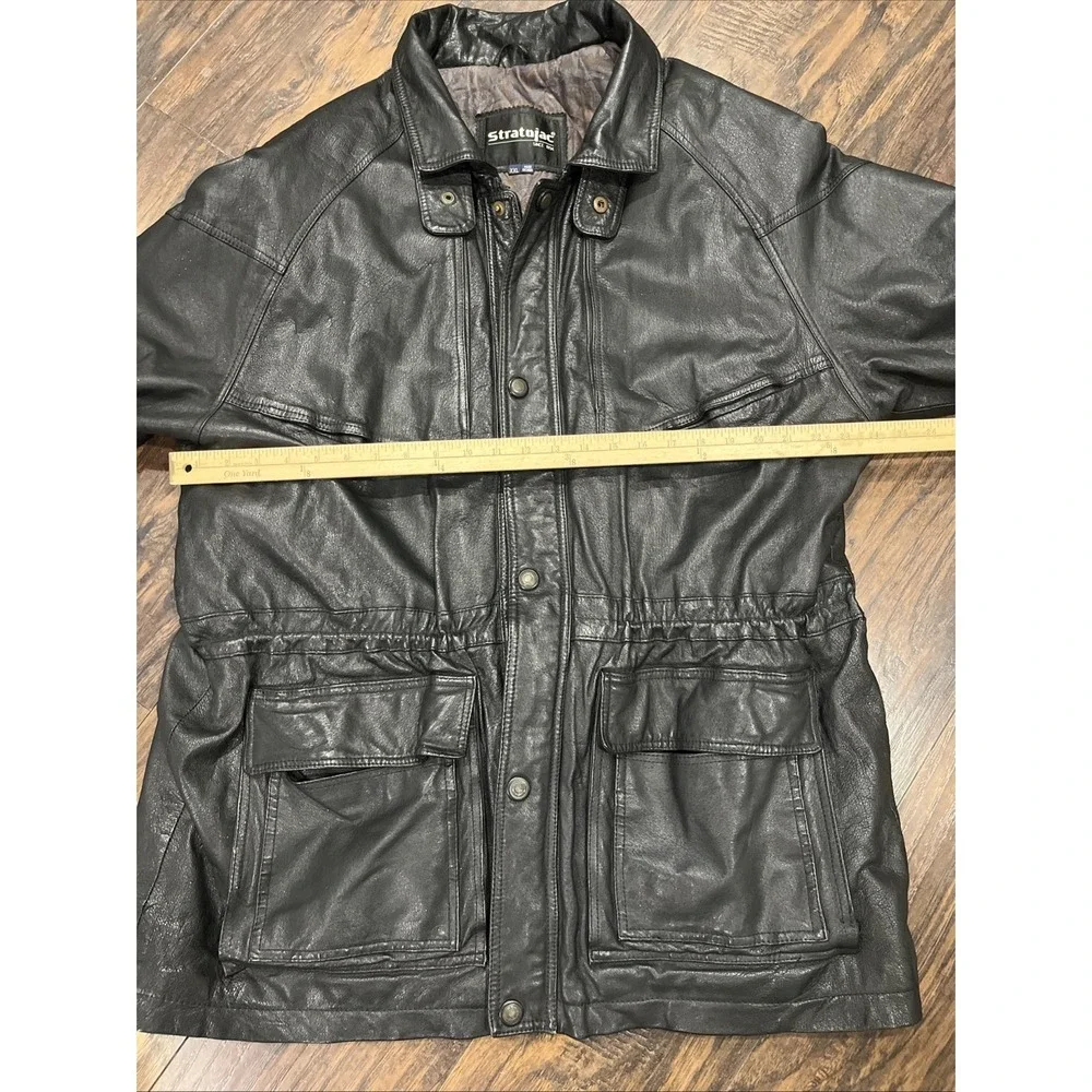 Stratojac Black Leather Jacket Long Heavy Lined Men's Winter Coat Sz XXL‎